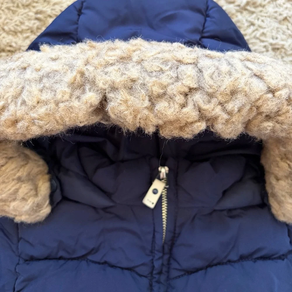 Zara Baby Puffer Lined Jacket 12-18 months Navy Blue Fur Hood Snap Pockets Coat